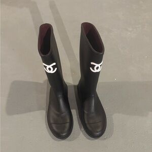 CHANEL Black Tall Rain Boots with White CC Logo Womens Size 9